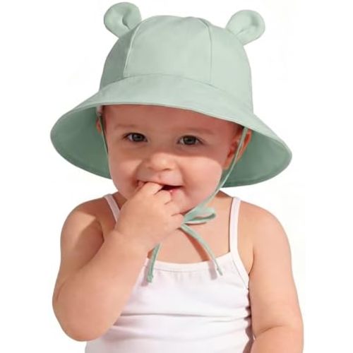 Zando Wide Brim Baby Sun Bucket Hat 0-4T UPF 50+ - Sun Protection Toddler Beach Hats with Bear Ears Infant Hat Adjustable
