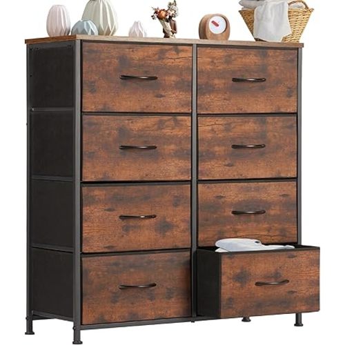 DUMOS Dresser for Bedroom with 8 Fabric Drawers, Tall Chest Organizer Units for Clothing, Closet, Kidsroom, Storage Tower with Cabinet, Metal Frame, Wooden Top, Lightweight Nursery Furniture, Brown