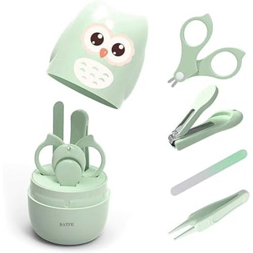 Baby Nail Kit, 4-in-1 Baby Nail Care Set with Cute Case, Baby Nail Clipper, Scissor, Nail File & Tweezer, Baby Manicure Kit and Pedicure kit for Newborn, Infant, Toddler, Kids-Owl Green