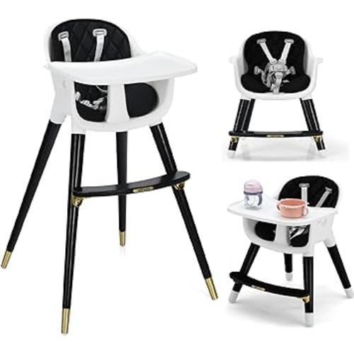 INFANS Baby High Chair, 3 in 1 Convertible Wooden Highchair for Babies & Toddlers, Modern Infant Feeding Chair with 5-Point Safety Harness, Footrest, Adjustable Legs, Removable Tray PU Cushion