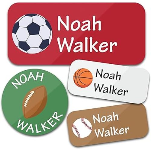 Personalized Daycare Name Labels (130 Labels) - Custom Waterproof Name Stickers for Clothing Tags, Water Bottles, Lunch Boxes and School Supplies (Sports)