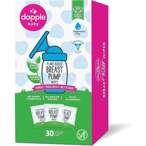 Breast Pump Wipes by Dapple Baby, Hypoallergenic & Powered by Plants, Removes Milk Residue, Leaves No Taste, Singles, Fragrance Free, 30 Count (Pack of 1)
