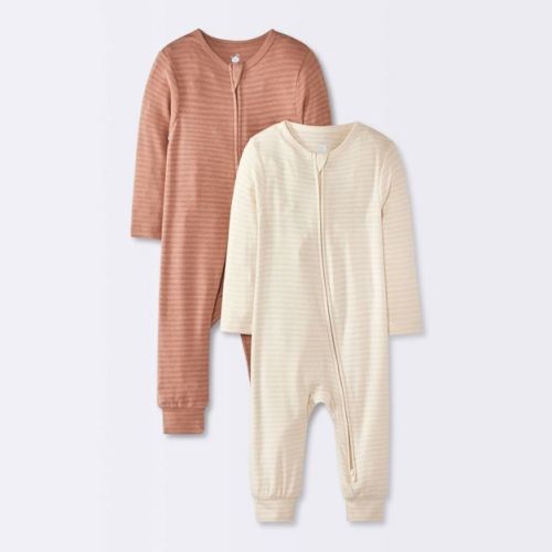 Baby 2pk So Very Soft Striped Modal Romper - Cloud Island™ Tan/Brown 0-3M