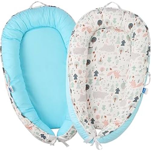 Baby Lounger, 100% Cotton 0-24 Months Breathable Soft Baby Nest Co Sleeper, Reversible Adjustable Portable Baby Lounger Nest for Newborn, Infant Lounger for Home & Travel (Baby Blue Aniamls)