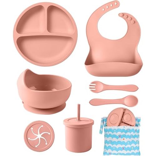 ECLIP Silicone Baby Feeding Set, 10 Pcs Baby Led Weaning Supplies with Suction Bowl Divided Plate Adjustable Bib Soft Spoon Fork Snack Cup with Lid Drinking Cup, Utensil (Brick Red)