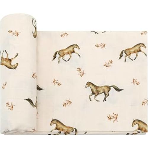 LifeTree Baby Swaddle Blankets, Muslin Swaddle Blankets Boys Girls Swaddling Wrap Receiving Blanket for Newborn, 70% Viscose Bamboo and 30% Cotton, Large 47" x 47", Horse Pattern