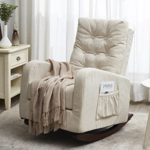 Ebern Designs Polar Aurora Nursery Rocking Chairs with Soft Seat and Headrest,Corduroy Fabric Accent Chair with Side Pocket,Glider Rocking Chair for Bedroom/Living Room/Nursery(Dark Grey/Black) | Wayfair