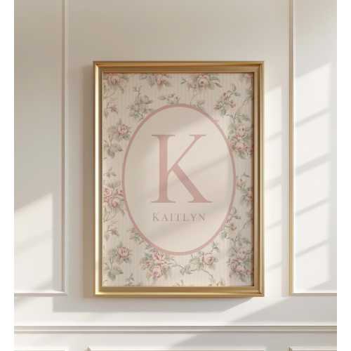 Custom Name Print Pink, Customised Vintage Floral Nursery Wall Art, Girls Room Decor, Personalized Letter Initial Sign Digital Download