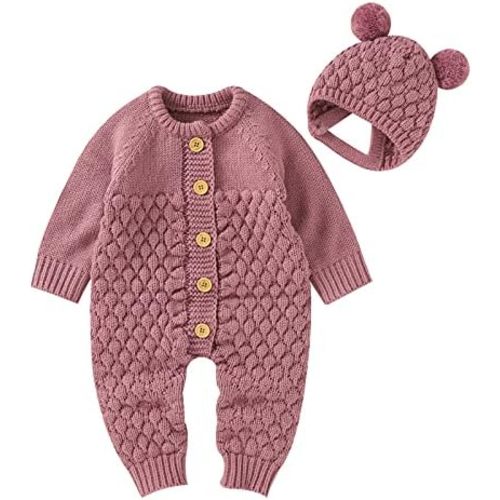 Baby Outfit Cotton Knit Newborn Infant Romper Knitted Longsleeve Sweater Clothes with Warm Hat Set Toddler Boy