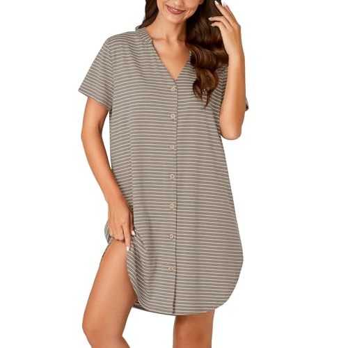 Vrtige Women's Cotton Striped Nightshirt Notch V Neck Short Sleeve Button Down Nightdress Nightgown