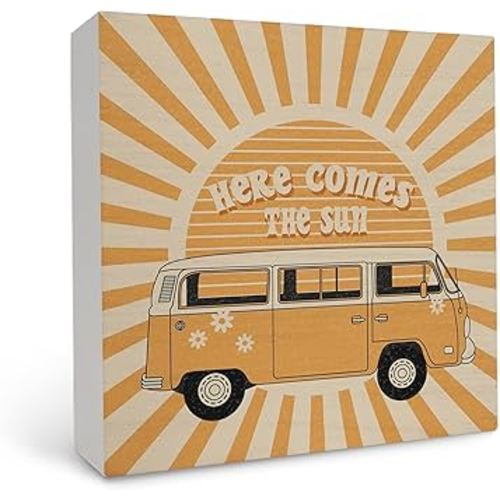 Here Comes the Sun Wood Box Sign Desk Decor,Trendy Retro Groovy 70s Wooden Box Sign Block Plaque for Home Bedroom Girls Room College Dorm Shelf Table Decor