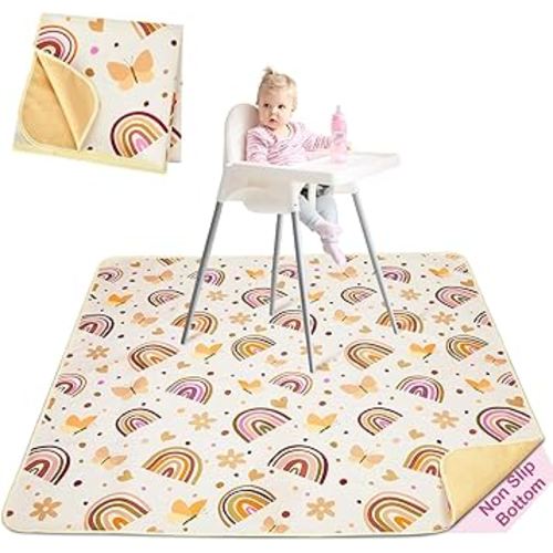 Basumee Splat Mat High Chair Mat Waterproof Baby Play Splat Mat for Under High Chair Food Catcher Highchair Mat for Floor Non Slip Bottom, Brown Rainbow, 46x42 Inches