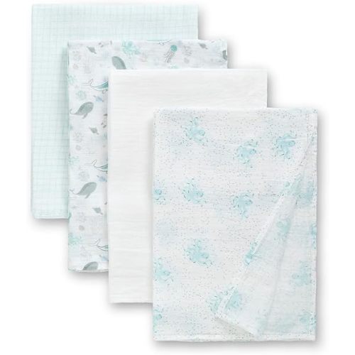 Delta Children 100% Cotton Muslin Baby Receiving Blankets for Girls and Boys – 47x47 Inches (Pack of 4), Sea Life