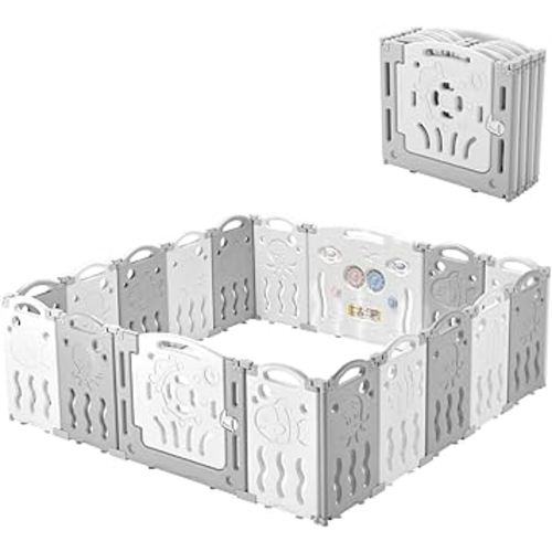Albott Baby Fence Kid Playpen 18 Panel Albott Play Yard - Foldable Kids Safety Activity Center Playard Safety Lock Gate,Adjustable Shape, Portable Design for Indoor and Outdoor (18 Panel, Grey+White)