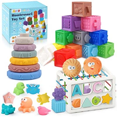 ADFO 5 in 1 Baby Toys 6to12-18 Months, 43PCS Montessori Toys for 1 2 3 Year Old, Include Soft Stacking Blocks & Color Shape Sensory Toys & Teething Bath Toys for Infants