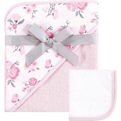 Hudson Baby Unisex Baby Cotton Hooded Towel and Washcloth, Pink Floral, One Size