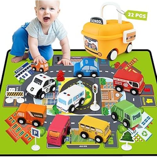 Wooden Cars Toys for 1 Year Old Boy, 22 PCS Cars and Trucks Toy Vehicles Set with Traffic Signs, Playmat, Storage Box, Baby and Toddler Toys 12-18 Months|1st Birthday Gift for 1 2 Year Old Boy