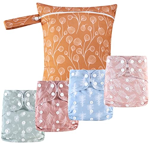 HappyFlute 9 Sets Newborn Baby Cloth Pocket Diapers One Size Adjustable Reusable for Baby Boys and Girls(6-33 pounds,0-3 Years),One Wet Bag+4Diapers and 4Inserts