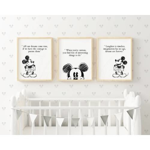Mickey Mouse Wall Art - Set of 3 Vintage Mickey Mouse Prints Nursery Decor - Inspirational Quotes