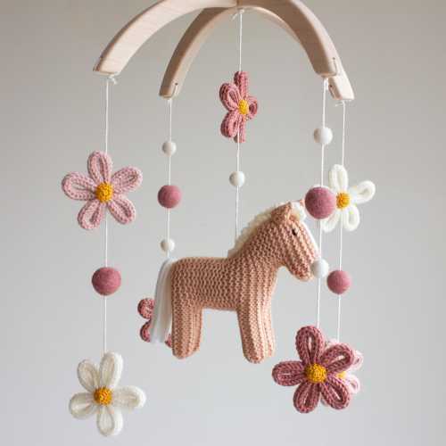 Floral Horse Baby Mobile: Knitted Pony & Wildflowers Nursery Decor