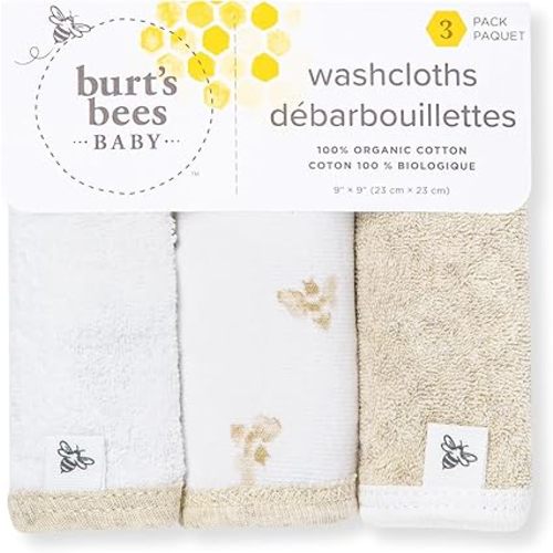 Burt's Bees Baby Infant Washcloths, 100% Organic Cotton, Soft and Super Absorbent Knit Terry & Woven Terry Wash Cloth - 3 Pack Set