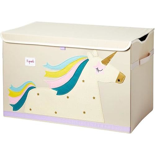 3 Sprouts Large Toy Chest for Kids with Lid and Handles - Collapsible Toy Storage Bin/Trunk/Box/Basket Organizer for Boys & Girls Playroom, Nursery, Unicorn