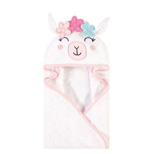 Hudson Baby Infant Girl Cotton Polyester Animal Face Hooded Towel, Flower Llama, One Size
