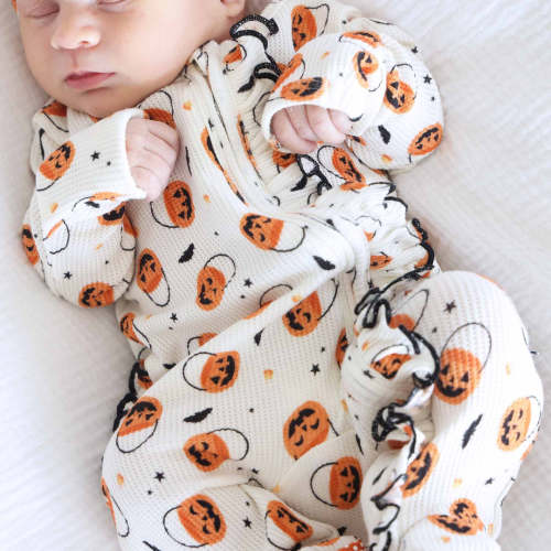 Trick or Treat Bamboo Waffle Ruffle Zipper Footie