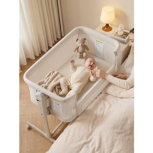 Baby Bassinet Bedside Sleeper 3-in-1, Easy Night Feeding with One-Side Fold & Rolling Wheels, Breathable Mesh, 6-Height Adjustable, Soft Mattress for Newborns