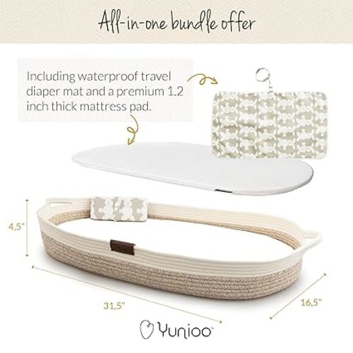 Deluxe Baby Changing Basket with Extra Travel Diaper pad, Foldable Baby Changing Pad with Water Repellent Cover, Cotton Rope Baby Basket, Changing Table Topper for Dresser (White Beige)