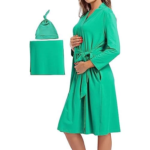 SUFEINI Maternity Mommy Robes with Matching Swaddle Blanket Set, Maternity Mommy Postpartum Bathrobe Sleepwear