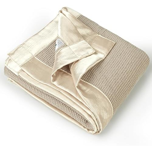 Lulu moon Swaddle Baby Blanket: Waffle Blanket with Satin Trim - Soft Breathable Toddler Blanket Perfect for Nursing Cover and Playtime - Cotton Crib Blanket for Daytime Naps 40"x36"(Oat)