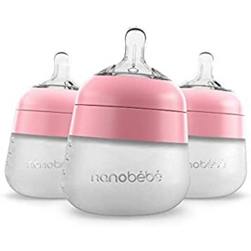 Nanobébé Flexy Silicone Baby Bottle, Anti-Colic, Natural Feel, Non-Collapsing Nipple, Non-Tip Stable Base, Easy to Clean 3-Pack, Pink, 5 oz