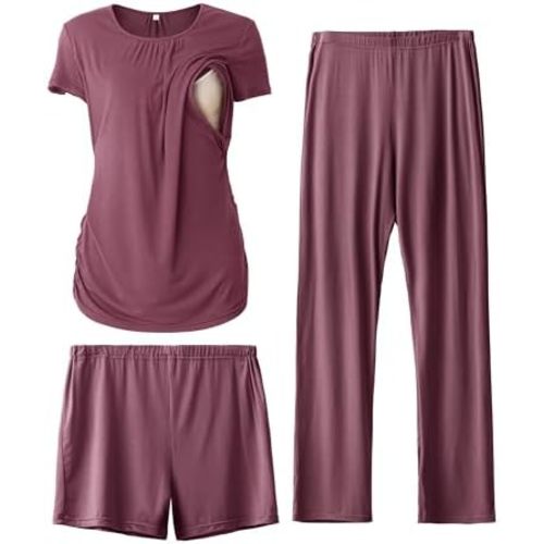 SUNNYBUY Womens Maternity Nursing Pajamas Set, Short Sleeve Breastfeeding Shirts,Pregnancy Shorts & Pants 3 Piece Nursing PJS