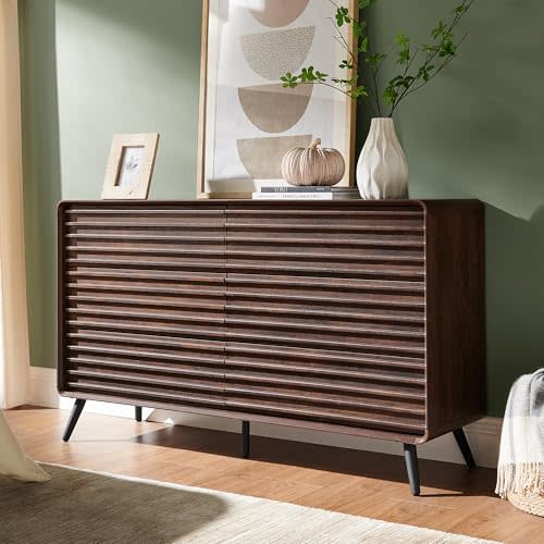 RedLemon 6 Drawers Dresser for Bedroom, 54'' Wide Mid Century Modern Wood Fluted Double Dresser, Chest of Drawers with Tapered Leg for Bedroom, Living Room, Hallway, Closet, Dark Walnut