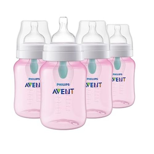 Philips Avent Anti-Colic Baby Bottle with AirFree Vent, 9oz, with Flow 2 Nipples, 1m+, 4pk, Pink, SCY703/14