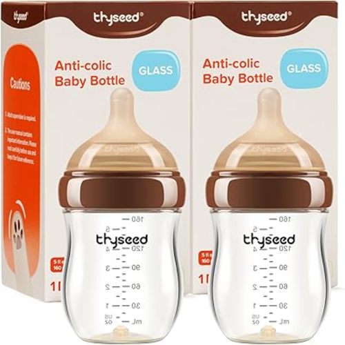 Thyseed Glass Natural Anti-Colic Baby Bottles | Newborn Breast Like Nursing Bottle for Breastfed Babies with Nipple(0-1 Months), 5oz, 2 Pack