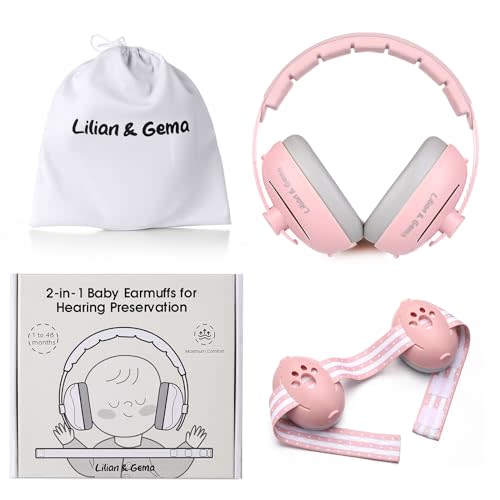 Lilian&Gema 2-in-1 Baby Ear Muffs Noise Protection, Adjustable Headphones with Stretchy Band, Noise Cancelling for Toddler up to 4 Years, Airplane Essentials/Outdoor, Pink