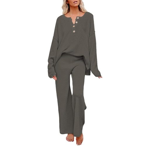 Pink Queen Women's 2 Piece Outfit Set Long Sleeve Button Pullover Sweater Top and Wide Leg Pants Knit Sweatsuit