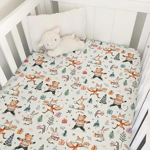 Christmas Woodland Animal Baby Crib Sheets 52''x28'' Cute Bear Deer Fox Bunny Hedgehog Gifts Trees Fitted Mattress Cover Boy Girl Winter Holiday Soft Bed Sheet for Standard Toddler Mattress