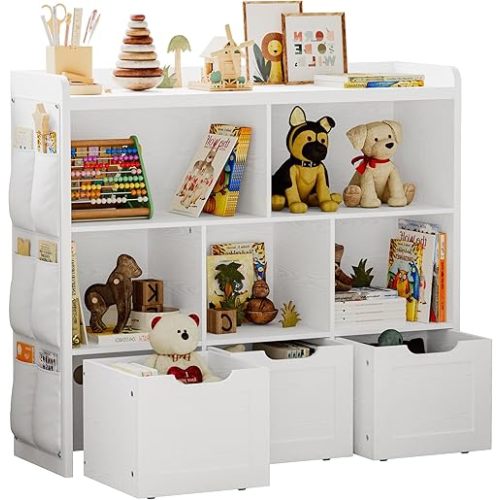 IRONCK Toy Storage Organizer with 3 Movable Drawers, Multifunctional Floor Storage Cabinet Toy Chest with 5 Storage Cubbies, Bookcase for Bedroom and Playroom, White