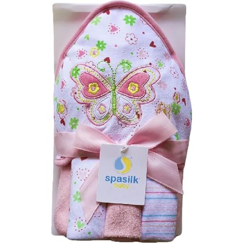 Spasilk Hooded Bath Towel and Washcloths Set for Newborns, 1 Soft Terry Baby Towel and 3 Baby Washcloths, Baby Essentials, Ideal, One Size, Pink Butterfly