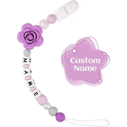Personalized Pacifier Clip with Name for Baby, Customized Pacifier Clip Fits All Pacifiers, Purple Rose