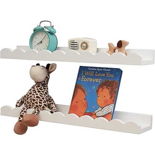 Nursery Book Shelves, Scalloped Floating Shelves 24inch Set of 2 Solid Pine Wood Wall Mounted Bookshelf with Wave Lip for Bedroom Kids, Toddler Room, Baby Room