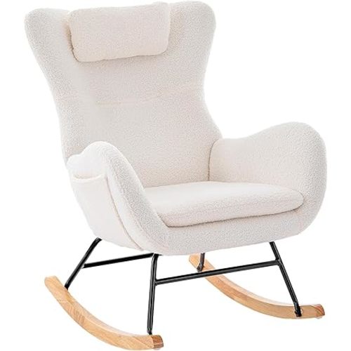 Lamberia Nursery Rocking Chairs for Baby Room Teddy Upholstered Glider Recliner with High Backrest and Padded Armrests, Comfy Rocker Chair for Living Room, Bedroom, Office (Ivory)