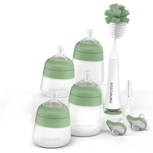 Nanobebe Silicone Baby Bottle Flexy Set with Anti-Colic Nipples, Bottle Brush and Pacifiers - 5oz and 9oz - Sage
