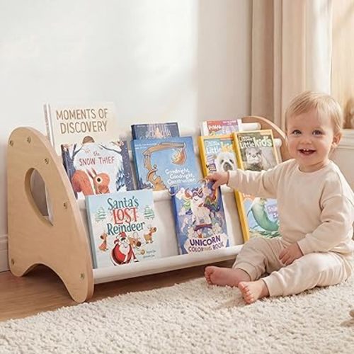 Kids Bookshelf, 4-Tier Montessori Book Shelf for Kids Rooms, Easy Installation, Eco-Friendly Wooden Storage Organizer,28.7” x 15.7” x 13.6” Natural/White