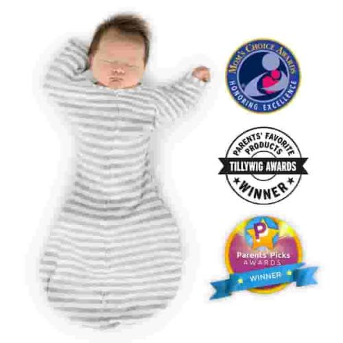 SwaddleDesigns Transitional Swaddle Sack with Arms Up Half-Length Sleeves and Mitten Cuffs, Better Sleep for Baby Boy & Baby Girl, Heathered Gray Stripes, Large, 6-9 Months, 21-24 lbs