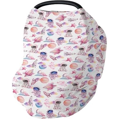 Watercolor Outer Space Car Seat Cover for Babies Cute Astronaut Rocket Planet Moon Stretchy 5-in-1 Cover Adjustable Infant Carseat Canopy Cover Pastel Cosmos Breathable Nursing Cover-Up Pink