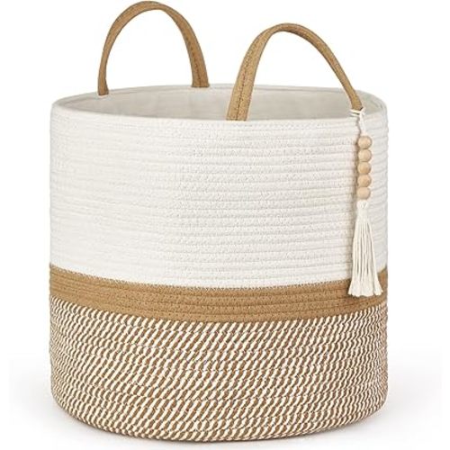 Mkono Woven Storage Basket Decorative Natural Rope Basket Wooden Bead Decoration for Blankets,Toys,Clothes,Shoes,Plant Organizer Bin with Handles Living Room Home Decor, 16"W×13.8"L, White and Brown